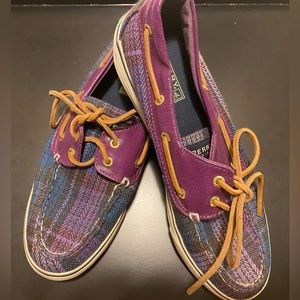 Sperry TopSider Bahama Plaid Boat Deck Shoes Purple Wool Blend Women’s~Size 9